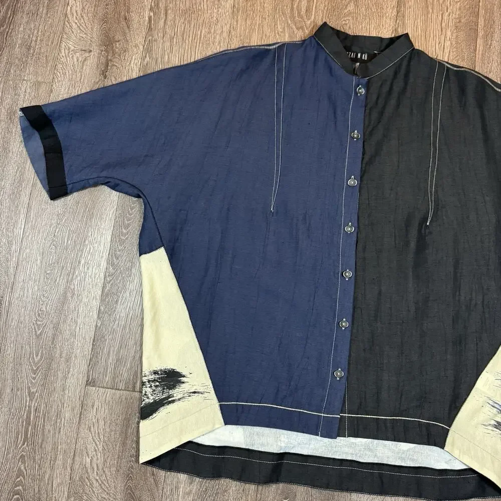 Ozai N Ku Black Blue Brush Stroke Top Shirt Boxy Oversized Art to Wear sz 1 - Picture 2 of 13